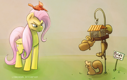 Size: 2190x1388 | Tagged: safe, artist:liracrown, fluttershy, bird, pegasus, pony, squirrel, angry, bird feeder, caught, climbing, digital art, female, folded wings, frown, glare, grumpy, looking at something, looking down, mare, nose wrinkle, pointing, seeds, sign, wing hands