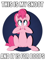 Size: 1024x1365 | Tagged: safe, artist:january3rd, pinkie pie, earth pony, pony, :o, boop, boop the snoot, bronybait, chest fluff, cute, diapinkes, female, image macro, imminent boop, lewd, looking up, mare, meme, open mouth, pointing, shirt design, simple background, sitting, snoot, solo, transparent background, wide eyes