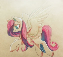 Size: 2559x2343 | Tagged: safe, artist:goldenrainynight, fluttershy, pegasus, pony, female, floating, flying, looking down, mare, profile, smiling, solo, spread wings, traditional art