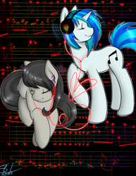 Size: 5100x6600 | Tagged: safe, artist:azure-doodle, dj pon-3, octavia melody, vinyl scratch, earth pony, pony, female, headphones, lesbian, music, scratchtavia, shipping