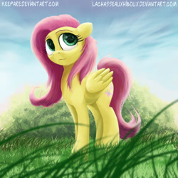 Size: 1000x1000 | Tagged: safe, artist:keepare, artist:lachasseauxhiboux, fluttershy, pegasus, pony, folded wings, grass, looking away, looking up, solo, standing