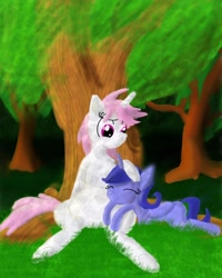 Size: 800x1000 | Tagged: safe, artist:sixes&sevens, derpibooru exclusive, princess celestia, princess luna, alicorn, pony, cewestia, fanfic, fanfic art, fanfic cover, female, filly, folded wings, forest, messy mane, sisters, sleeping, smiling, under the tree, woona, younger