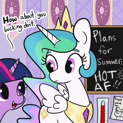 Size: 1650x1650 | Tagged: safe, artist:tjpones, princess celestia, twilight sparkle, alicorn, pony, chalkboard, cute, dialogue, duo, eye contact, female, frown, looking at each other, looking back, mare, open mouth, raised eyebrow, smiling, spread wings, summer, thermometer, vulgar, wide eyes, wings