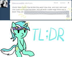 Size: 630x500 | Tagged: safe, artist:fantasyglow, lyra heartstrings, pony, unicorn, ask, dorian gray, headband, longbon, magic, oscar wilde, solo, text, tl;dr, tumblr, wizard