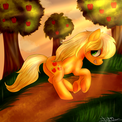 Size: 1024x1024 | Tagged: safe, artist:rubyblossomva, applejack, earth pony, pony, apple tree, grass, hatless, loose hair, missing accessory, running, solo, tree