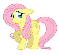 Size: 1024x952 | Tagged: safe, artist:zenikinder, fluttershy, pegasus, pony, floppy ears, folded wings, looking at you, looking sideways, raised hoof, simple background, smiling, solo, white background