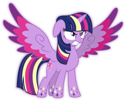 Size: 6177x5000 | Tagged: safe, artist:meteor-spark, derpibooru import, twilight sparkle, twilight sparkle (alicorn), alicorn, pony, .svg available, absurd resolution, angry, colored wings, female, floppy ears, glare, gritted teeth, mare, multicolored wings, rainbow power, rainbow wings, simple background, solo, spread wings, transparent background, vector, wings
