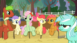 Size: 1224x690 | Tagged: safe, edit, edited screencap, screencap, alula, apple bloom, apple cinnamon, babs seed, florina tart, lyra heartstrings, earth pony, pony, unicorn, apple family reunion, apple family member, background pony, female, filly, lyra is not amused, male, mare, sitting, stallion, unamused