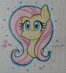 Size: 1536x1710 | Tagged: safe, artist:katythekiitty, fluttershy, pegasus, pony, blushing, bust, graph paper, lined paper, looking at you, portrait, solo, traditional art