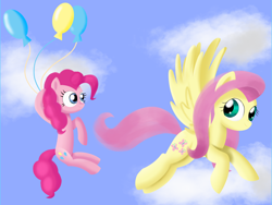 Size: 4000x3000 | Tagged: safe, artist:songbirdserenade, fluttershy, pinkie pie, pegasus, pony, balloon, duo, floating, flying, looking at each other, sky, spread wings, then watch her balloons lift her up to the sky