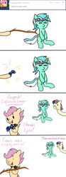 Size: 630x1700 | Tagged: safe, artist:fantasyglow, bon bon, lyra heartstrings, scootaloo, sweetie drops, ask, gamer scootaloo, longbon, tumblr, wizard