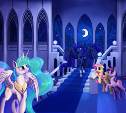 Size: 3000x2700 | Tagged: safe, artist:dalagar, fluttershy, princess celestia, princess luna, twilight sparkle, oc, alicorn, earth pony, pegasus, pony, castle, female, indoors, interior, majestic, night, sisters, spread wings, stained glass, stairs, wings