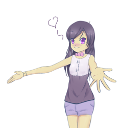 Size: 1280x1371 | Tagged: safe, artist:inkintime, octavia melody, blushing, bowtie, clothes, cute, grin, heart, hug, humanized, little octavia, looking at you, shorts, skinny, smiling, solo, tumblr, younger