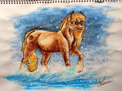 Size: 4316x3234 | Tagged: safe, artist:artmadebyred, applejack, earth pony, pony, chest fluff, fluffy, snow, snowfall, solo, traditional art, watercolor painting