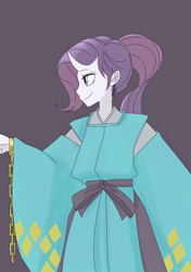 Size: 1800x2553 | Tagged: safe, artist:haibaratomoe, rarity, equestria girls, clothes, cute, female, horned humanization, kimono (clothing), oni, profile, purple background, raribetes, simple background, smiling, solo