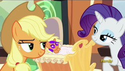 Size: 640x363 | Tagged: safe, artist:felinefluff, edit, edited screencap, screencap, applejack, rarity, earth pony, pony, unicorn, the crystalling, baby, bedroom eyes, female, lesbian, magical lesbian spawn, offspring, parent:applejack, parent:rarity, parents:rarijack, rarijack, shipping