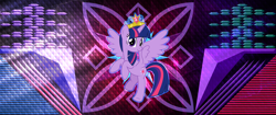 Size: 3440x1440 | Tagged: safe, artist:jhayarr23, artist:laszlvfx, derpibooru import, edit, twilight sparkle, twilight sparkle (alicorn), alicorn, pony, big crown thingy, crown, element of magic, female, high res, jewelry, mare, regalia, solo, wallpaper, wallpaper edit