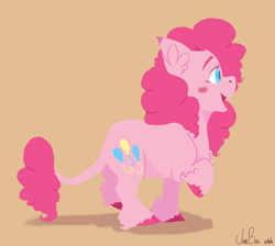 Size: 3900x3500 | Tagged: safe, artist:lxxjunebugxxl, pinkie pie, earth pony, pony, cloven hooves, fluffy, high res, leonine tail, raised hoof, simple background, solo, unshorn fetlocks