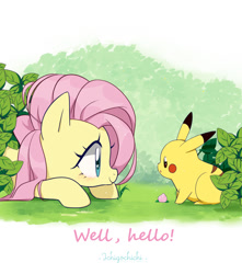 Size: 900x1020 | Tagged: safe, artist:ichigochichi, fluttershy, pegasus, pikachu, pony, crossover, cute, duo, eye, eye contact, female, happy, heart eyes, looking at each other, mare, pokémon, profile, prone, shyabetes, smiling, wingding eyes