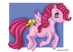 Size: 500x352 | Tagged: safe, artist:babyananas, pinkie pie, pegasus, pony, g1, bow, g4 to g1, generation leap, pegasus pinkie pie, race swap, solo, tail bow