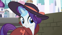 Size: 1920x1080 | Tagged: safe, screencap, rarity, pony, unicorn, sparkle's seven, clothes, cute, detective rarity, female, glowing horn, hat, mare, raribetes, smiling, solo