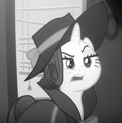 Size: 779x784 | Tagged: safe, screencap, rarity, pony, unicorn, sparkle's seven, cropped, detective rarity, hat, noir, solo