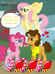 Size: 2048x2732 | Tagged: safe, artist:cinnamon-swirls, cheese sandwich, fluttershy, pinkie pie, earth pony, pegasus, pony, candy, candy cane, cheesepie, concerned, dialogue, eating, food, heart, heart eyes, looking at each other, male, shipping, story included, straight, wingding eyes