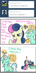 Size: 346x693 | Tagged: safe, artist:bambooharvester, bon bon, lyra heartstrings, sweetie drops, ask, bon bon is not amused, comic, computer, dialogue, tumblr, unamused