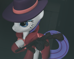 Size: 1350x1080 | Tagged: safe, artist:spinostud, rarity, pony, unicorn, 3d, clothes, detective rarity, female, gun, hat, mare, solo, source filmmaker, submachinegun, thompson, weapon