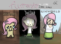 Size: 3300x2400 | Tagged: safe, artist:facelesssoles, fluttershy, pony, equestria girls, bipedal, clothes, crying, don't starve, high res, rimworld, running, shoes, skirt, solo, style emulation, tanktop, the binding of isaac