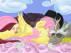 Size: 1024x773 | Tagged: safe, artist:fourze-pony, discord, fluttershy, pegasus, pony, cloud, eyes closed, friendshipping, prone, sleeping, watermark