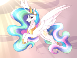 Size: 1024x768 | Tagged: safe, artist:jenni235, princess celestia, alicorn, pony, crown, ethereal mane, flying, glow, jewelry, looking at you, regalia, side view, spread wings, wings