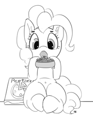 Size: 1280x1668 | Tagged: safe, artist:pabbley, pinkie pie, earth pony, pony, belly button, cadance's pizza delivery, eating, food, grayscale, monochrome, open mouth, peetzer, pizza, pizza box, simple background, sitting, solo, white background