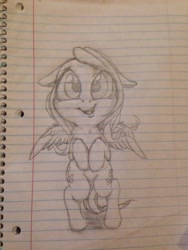 Size: 1024x1365 | Tagged: safe, artist:miokomata, fluttershy, pegasus, pony, bipedal, both cutie marks, chest fluff, chibi, floppy ears, grayscale, hooves to the chest, lined paper, looking at you, monochrome, open mouth, pencil drawing, smiling, solo, spread wings, traditional art
