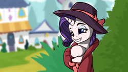 Size: 2700x1519 | Tagged: safe, artist:shido-tara, rarity, pony, unicorn, sparkle's seven, clothes, detective rarity, female, scene interpretation, smiling, solo