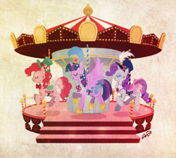 Size: 600x540 | Tagged: safe, artist:bartolomeus_, derpibooru import, pinkie pie, rarity, twilight sparkle, twilight sparkle (alicorn), alicorn, earth pony, pony, unicorn, carousel, female, mare