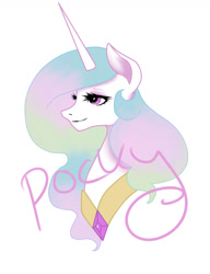 Size: 1000x1300 | Tagged: safe, artist:pockypocky, princess celestia, alicorn, pony, bust, color, female, flowing mane, horn, lineart, mane, mare, peytral, portrait, rainbow, simple background, solo, watermark