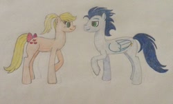 Size: 1024x618 | Tagged: safe, artist:missleahmorgan, applejack, soarin', earth pony, pony, alternate hairstyle, female, male, shipping, soarinjack, straight