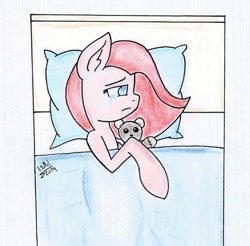 Size: 1024x1006 | Tagged: safe, artist:cyanyeh, pinkie pie, earth pony, pony, bed, lonely, pinkamena diane pie, plushie, sad, woobie