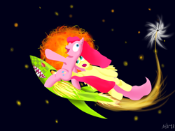 Size: 2560x1920 | Tagged: safe, artist:discordantdreams, fluttershy, pinkie pie, earth pony, pegasus, pony, derp, rocket, smiling, space, sun