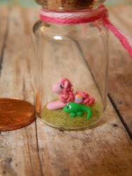 Size: 3456x4608 | Tagged: safe, artist:vivalahill, gummy, pinkie pie, absurd resolution, bottle, craft, irl, penny, photo, sculpture, tiny, traditional art