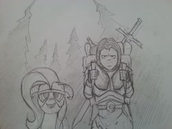 Size: 2560x1920 | Tagged: safe, artist:batonya12561, fluttershy, pegasus, pony, backpack, crossover, dovahshy, grayscale, helmet, housecarl, lydia, monochrome, skyrim, sword, the elder scrolls, traditional art, tree, unamused, weapon