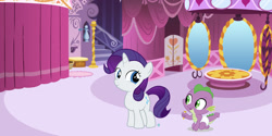 Size: 1134x567 | Tagged: safe, artist:adamlhumphreys, artist:arifproject, artist:dragonchaser123, editor:secrettitan, rarity, spike, dragon, pony, unicorn, sparkle's seven, the cart before the ponies, absurd resolution, baby, baby dragon, baby spike, carousel boutique, crayon, cute, daaaaaaaaaaaw, diaper, female, filly, filly rarity, hnnng, kneeling, male, raribetes, shipping, smiling, solo, sparity, spikabetes, straight, trace, vector, younger