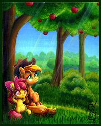 Size: 1024x1280 | Tagged: safe, artist:linkslove, apple bloom, applejack, earth pony, pony, apple tree, crepuscular rays, traditional art, tree