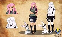 Size: 14100x8400 | Tagged: safe, artist:penspark, angel bunny, fluttershy, human, absurd file size, absurd resolution, anime, crossover, feet, humanized, looking at you, naruto, ninja, sandals, shinobi, smiling, toes