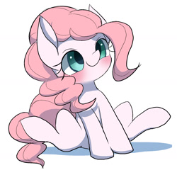 Size: 1612x1547 | Tagged: safe, artist:ccc, pinkie pie, earth pony, pony, blushing, cute, diapinkes, female, mare, simple background, sitting, solo, white background