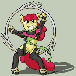 Size: 851x848 | Tagged: safe, artist:moronsonofboron, apple bloom, pony, bipedal, clothes, cosplay, costume, solo, soul calibur, tira, weapon