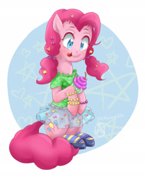 Size: 1808x2204 | Tagged: safe, artist:nekomash, pinkie pie, earth pony, pony, alternate hairstyle, clothes, cupcake, cute, food, licking, licking lips, mary janes, pigtails, shoes, skirt, socks, solo, tongue out, twintails