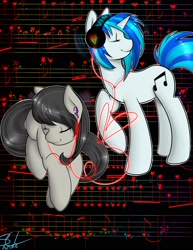 Size: 1280x1656 | Tagged: safe, artist:azure-doodle, dj pon-3, octavia melody, vinyl scratch, earth pony, pony, unicorn, cute, earbuds, eyes closed, female, headphones, lesbian, listening, love, music, music notes, scratchtavia, shipping, smiling