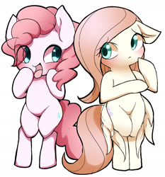 Size: 2027x2175 | Tagged: safe, artist:ccc, fluttershy, pinkie pie, earth pony, pegasus, pony, bipedal, cute, diapinkes, shyabetes, simple background, white background